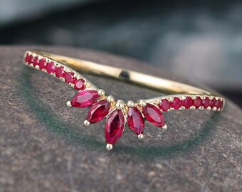 Stunning Ruby Nesting Band, Ruby Enhancer Band, Curve Ruby Ring, Unique Matching Band, Red Stack Chevron Band, Chevron 14k Rose Gold Band