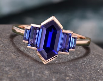 Hexagon cut Blue Sapphire Ring, Unique Rose Gold Engagement Ring, Baguette cut Bezel Set Ring, Vintage Bridal Wedding Anniversary Ring Gift