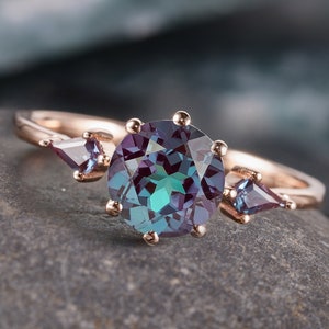 Vintage Alexandrite Engagement Ring, June Birthstone ring, 3 Stone Unique Women Bridal Promise Ring, Promise Ring 24k Rose Gold Vermeil Ring