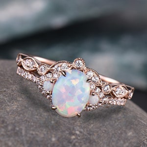 White Opal Engagement Ring Set, Rose Gold Rings for Women, Art Deco Stacking Band, Oval Cut Bridal Set, Unique Curved Wedding Band, Handmade