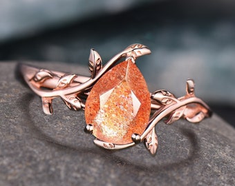 Unique Natural Pear Cut Sunstone Leaf Ring, Rose Gold Vermeil Gemstone Engagement Ring, Branch Solitaire Sunstone Ring, Orange Gemstone Ring