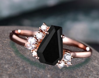 Unique Coffin Cut  Black Onyx Ring, Black Coffin Gemstone Ring, Handmade Ring, Antique Promise Ring, Moissanite Wedding Ring, Gift For love