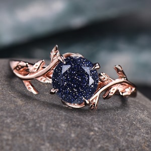 Round Cut Blue Sandstone Engagement Ring, Galaxy Starry Sky Ring, Black Gemstone Ring, Unique Women Bridal Promise Ring,  Leaf Gemstone Ring