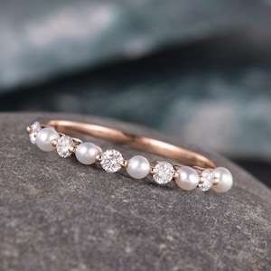Pearl Diamond Wedding Band, Women Rose Gold Pearl Matching Band, Akoya Pearl Ring, Half Eternity Delicate Stack Ring Dainty Bridal Gift Ring
