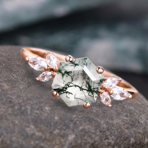 Hexagon Cut Cluster Moss Agate Engagement Ring, 14K Rose Gold Wedding Ring, Marquise Moissanite Cluster Ring, Art Deco Bridal Promise Ring