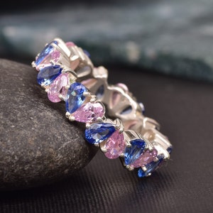 Pink Sapphire & Tanzanite Full Eternity Wedding Band, 14k Yellow Gold Tanzanite Eternity Ring, Wide Band Ring, 6x4mm Pear Cut Gemstone Ring