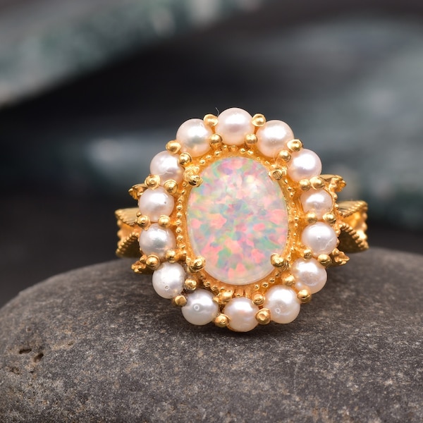 Vintage Oval Opal Engagement Ring, Solid Gold Opal Wedding Promise Ring, October Birthstone Ring, Art Deco Akoya Pearl Delicate Gift Ring