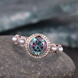 Vintage unique oval Alexandrite engagement ring 14k rose gold Akoya Pearl ring halo moissanite ring 8 prong bridal wedding ring for women