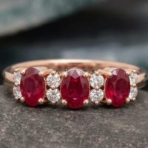 Natural Ruby Ring, 14k Ruby Stackable Ring, Round Diamonds and Oval Cut Rubies, Natural Stones and Genuine Gold Ring, Anniversary Gift Ring