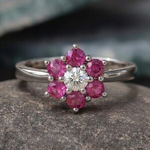 Floral Ruby Cluster Ring in Rose Gold, Flower Design Engagement Ring, Minimalist Ruby Flower Ring, Lotus Ring, Anniversary Gift For Her