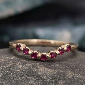 Ruby Ring, Natural Ruby Band Ring, Minimalist Weeding Band, Stackable Ring, Dainty Red Stone Ring, Gold Bridal Curved Band, Gift For Her