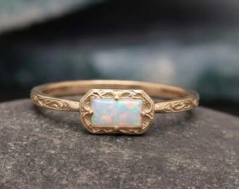 Dainty Opal Ring, Opal Gemstone Baguette Cut Ring, 14k Rose Gold Plated Ring, October Birthstone Ring, Minimalist Stacking Ring Gift For Her