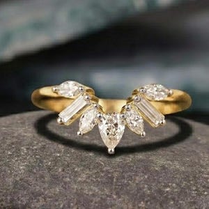 Pear Cut Moissanite Cluster Band, Unique Chevron Wedding Band, Gold Stacking Baguette & Marquise Cut Ring, Anniversary Gift Ring for Women