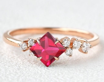 Ruby Ring / 14k Yellow Gold Ruby Engagement Ring, Anniversary Ring, Princess Cut Solitaire Ring / Ruby Gift, Promise Ring, Gift For Birthday