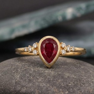 Pear Shape Ruby Ring Gold | Vintage Style Engagement Ring | Ruby Diamond Ring | Handmade Bridal Ring | Unique Teardrop Gemstone Jewelry Gift