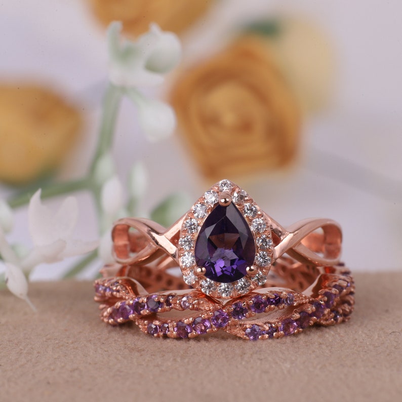 Teardrop Purple shops Amethyst Bridal Ring Set, Amethyst Wedding Ring Set, Art Deco Amethyst Bridal Ring Set, February Birthstone Ring, Bridal Set