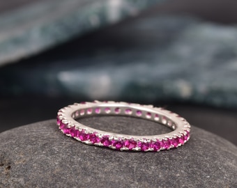 Micro Pave Full Eternity Ruby Engagement Band, July Birthstone Band, Wedding Band, Dainty Ruby Band Ring, Minimalist Ring, Stacking Ring