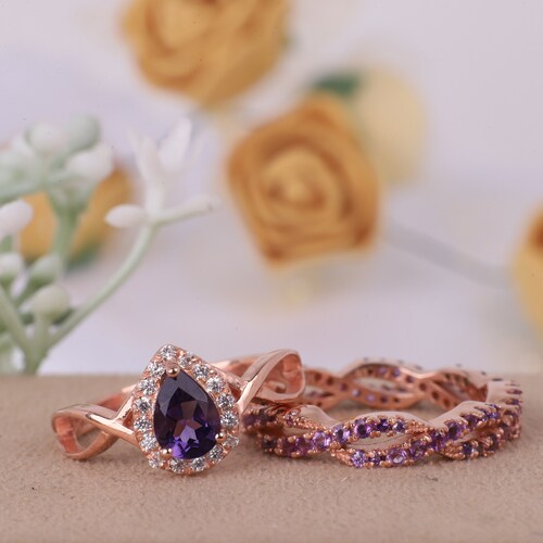 Teardrop Purple shops Amethyst Bridal Ring Set, Amethyst Wedding Ring Set, Art Deco Amethyst Bridal Ring Set, February Birthstone Ring, Bridal Set