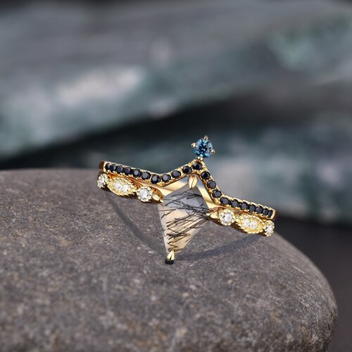 Unique kite Black Rutilated Quartz Engagement Ring Set, Black Rutile Ring For Women, 14k Gold Black Rutile Wedding shops Ring Set Rutile Onyx Ring