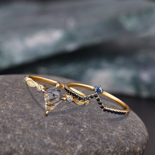 Unique kite Black Rutilated Quartz Engagement Ring Set, Black Rutile Ring For Women, 14k Gold Black Rutile Wedding shops Ring Set Rutile Onyx Ring