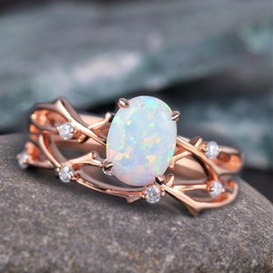 Twig Opal Engagement Ring Set, 14k Rose Gold Ring for Women, Oval Cut Opal Branch Moissanite Bridal Ring Set, Art Deco Opal Promise Ring Set