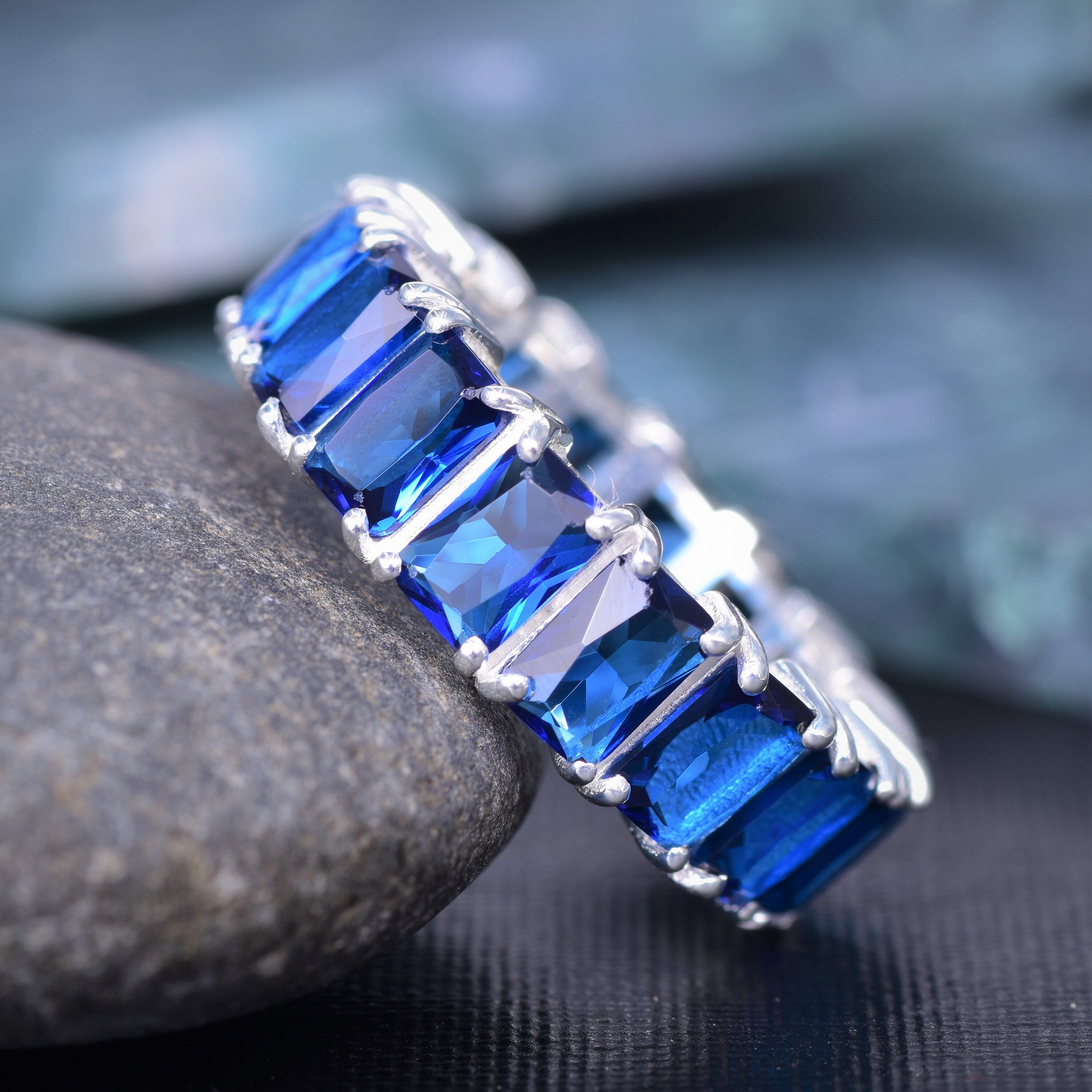 Blue Sapphire Eternity Band Ring Emerald Cut Sapphire Ring 925