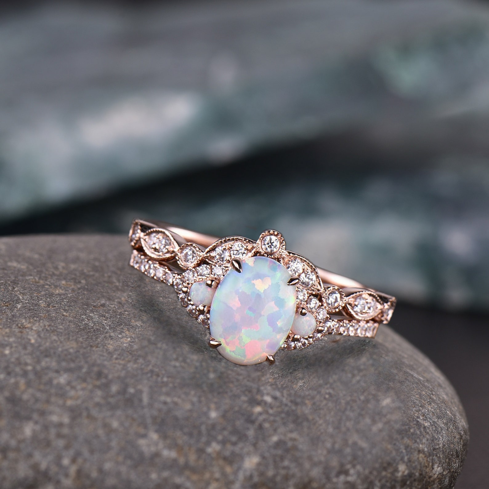 White Opal Engagement Ring Set Rose Gold Rings for Women Art - Etsy