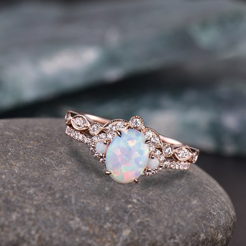 Vintage Hexagon White Opal Engagement Ring Rose Gold Cluster - Etsy