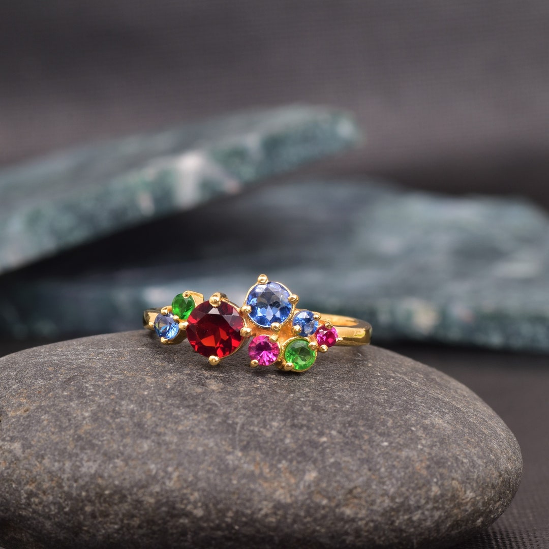 Cluster Sapphire Engagement Ring, 18k Gold Wedding Ring, Multi Color  Sapphire Ring, Anniversary Gift Ring, September Birthstone Bridal Ring -  Etsy