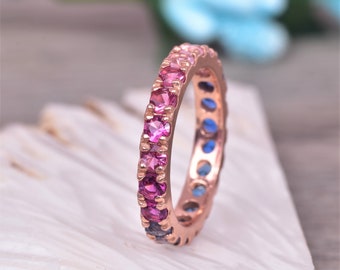 Multi Sapphire Wedding Band, Rainbow Gemstone Ring, Sapphire Full Eternity Band Multi Colored Band, Matching Band, Luxury High End Look Ring