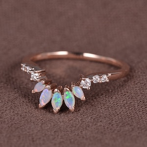 Marquise Opal Wedding Ring, Unique White Opal Stacking Band, Rose Gold Opal Ring, October Birthstone Ring, Opal Engagement Ring For Women