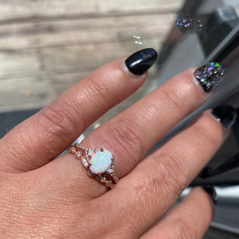 White Opal Engagement Ring Set Rose Gold Rings for Women Art Etsy