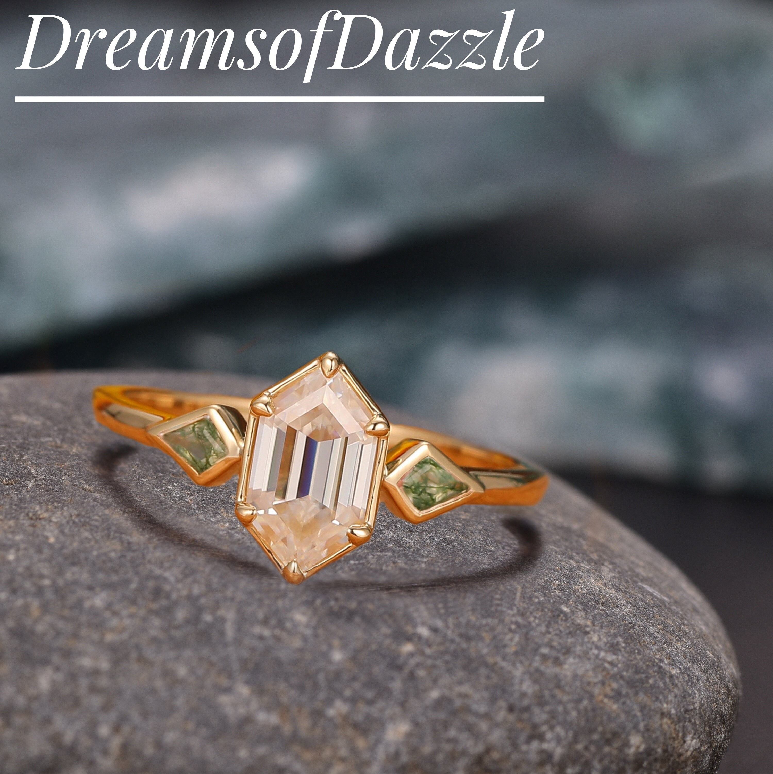 Hexagon Moissanite Engagement Ring: 14K Yellow Gold Moss Agate Ring