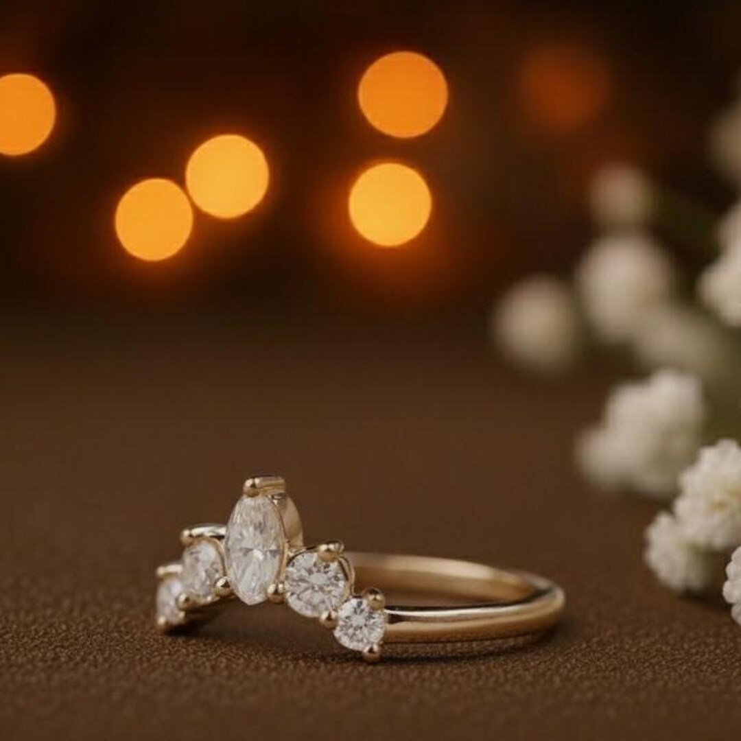 Marquise Cut Moissanite Curved Wedding Band, Unique Yellow Gold Diamond ...