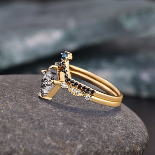 Unique kite Black Rutilated Quartz Engagement Ring Set, Black Rutile Ring For Women, 14k Gold Black Rutile Wedding shops Ring Set Rutile Onyx Ring