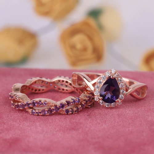 Teardrop Purple shops Amethyst Bridal Ring Set, Amethyst Wedding Ring Set, Art Deco Amethyst Bridal Ring Set, February Birthstone Ring, Bridal Set