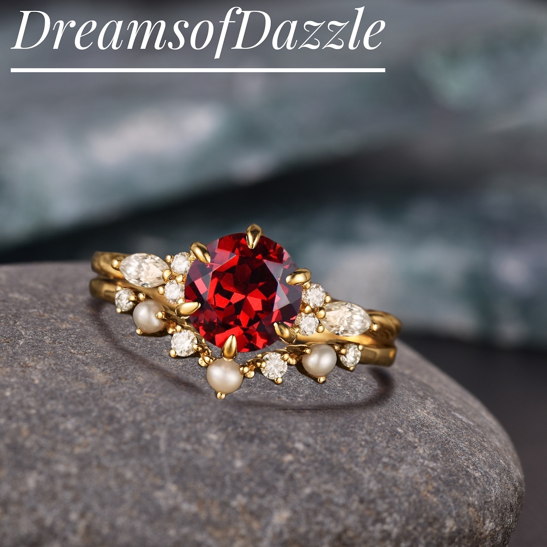 Vintage Round Red Ruby Engagement Ring Set, Pearl Moissanite Cluster ...