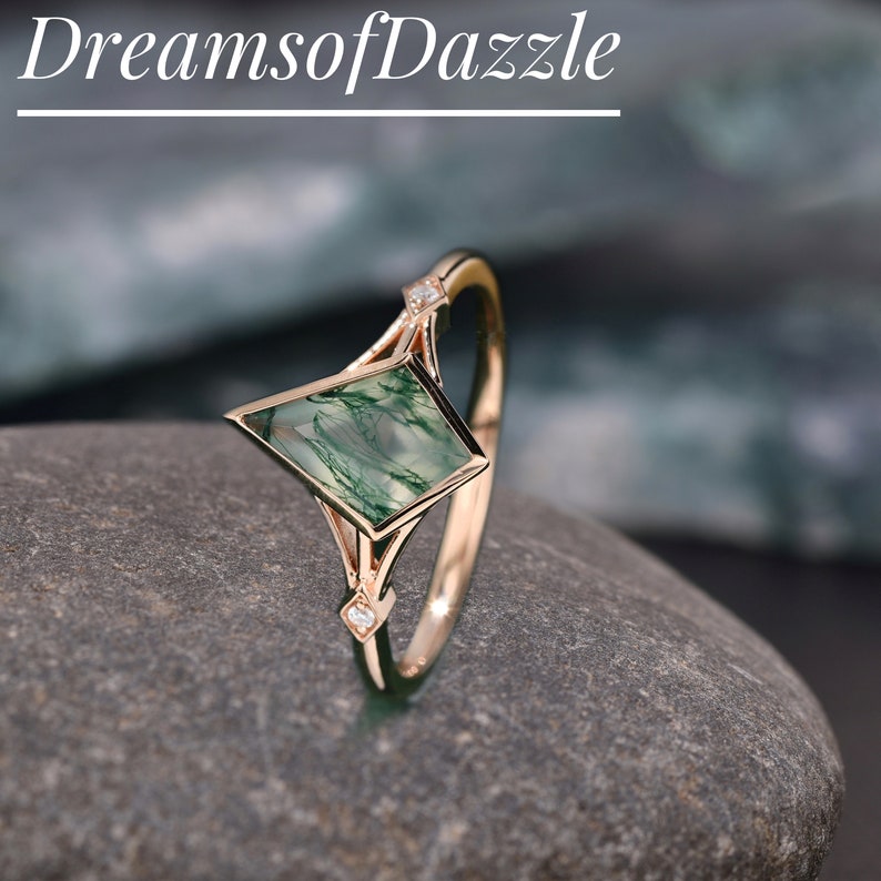 Skye Kite Green Moss Agate Ring, 14K Rose Gold Vermeil Natural Agate Engagement Ring, Green Gemstone Anniversary Gift For Her, Wedding ring image 2