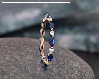 Vintage Marquise Cut Sapphire Wedding Band, Matching Stacking Ring, 14k Solid Gold Ring, September Birthstone Gift Ring, Unique promise Ring