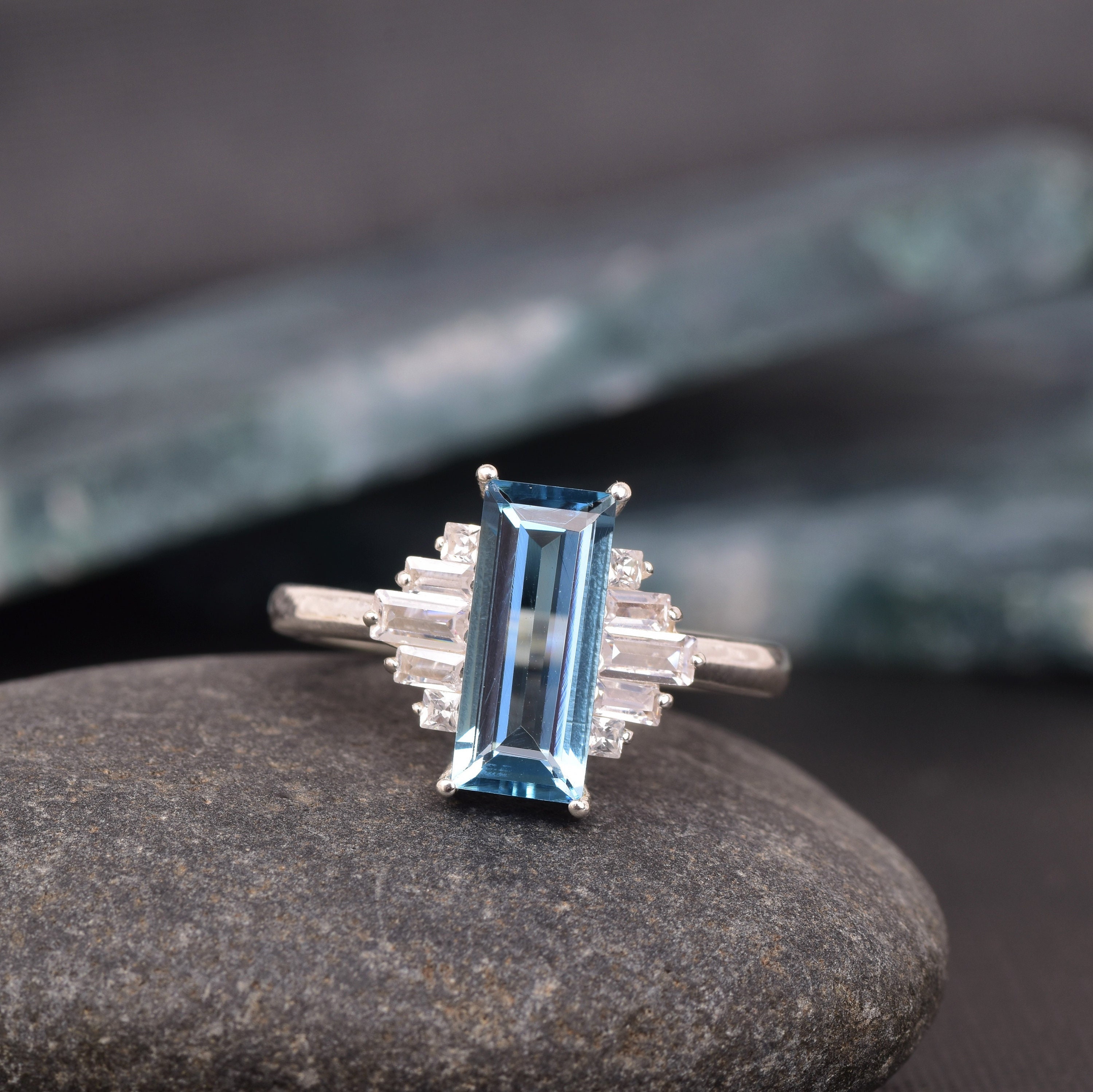 Baguette aquamarine shop ring