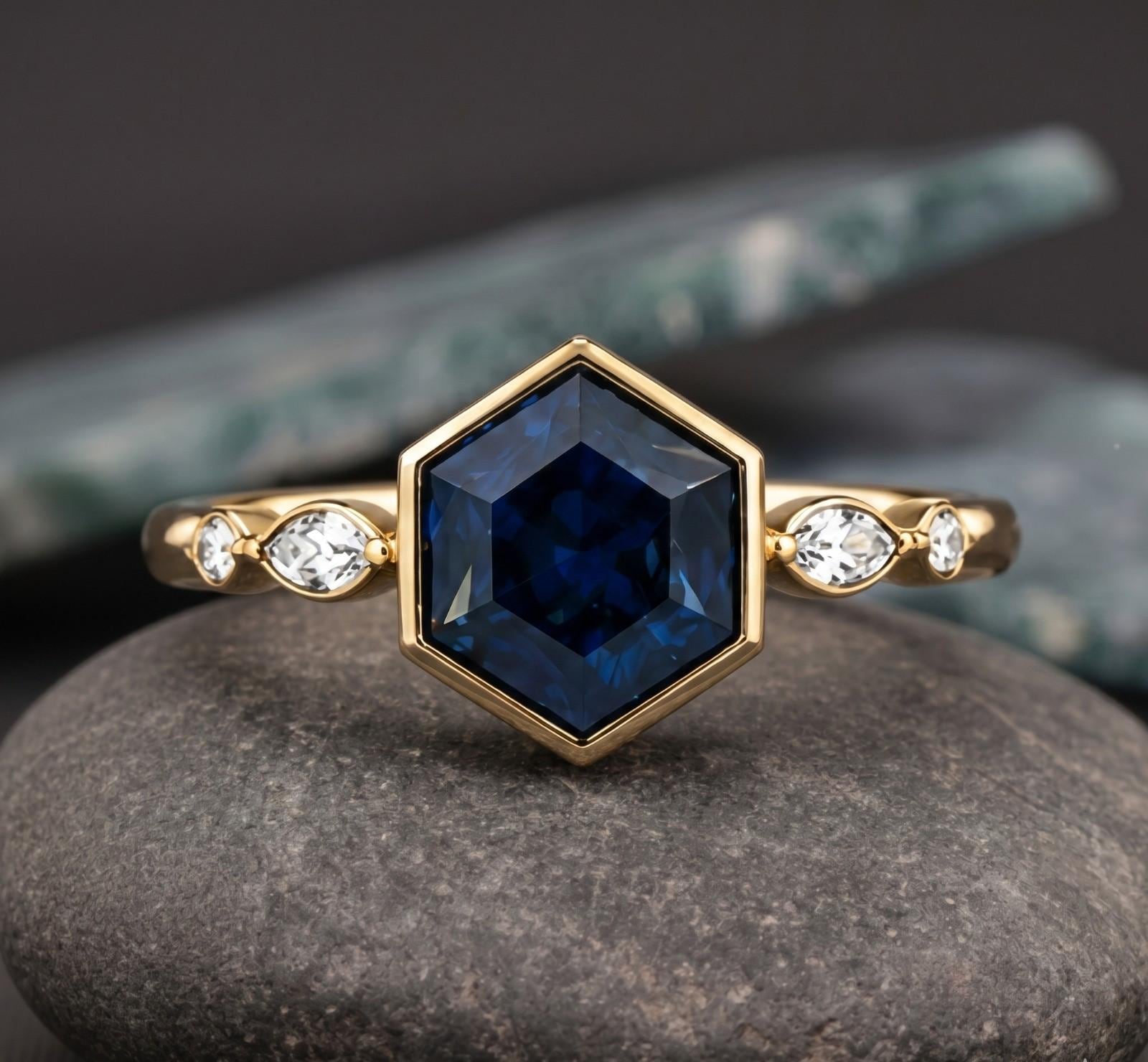 14k Solid Gold Sapphire Hexagon Cut Ring, Blue Gemstone Engagement…