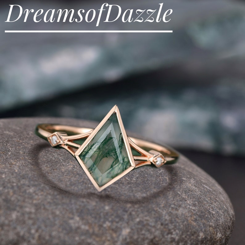 Skye Kite Green Moss Agate Ring, 14K Rose Gold Vermeil Natural Agate Engagement Ring, Green Gemstone Anniversary Gift For Her, Wedding ring image 1