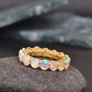 Fire Opal Eternity Ring, Opal Full Eternity Band, Opal Wedding Band, 14k Rose Gold Ring, Dainty Opal Ring, October Birthstone Matching Band