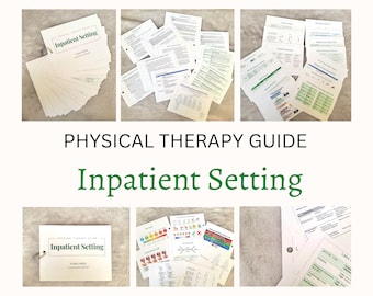 May include: A set of physical therapy flashcards for an inpatient setting. The cards are organised in a binder and feature a variety of topics, including exercises, assessments, and patient education. The cards are printed on white paper with black text and illustrations.