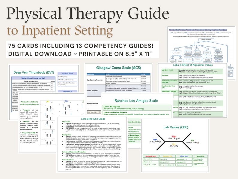 May include: A set of 75 printable cards for physical therapy in an inpatient setting. The cards include 13 competency guides and cover topics such as deep vein thrombosis, Glasgow Coma Scale, Ranchos Los Amigos Scale, cardiothoracic guide, labs and effect of abnormal values, and lab values (CBC).