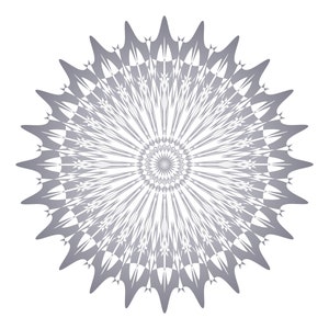 May include: A symmetrical, gray and white mandala design. The intricate pattern radiates from a central point, featuring detailed geometric shapes and a spiky outer edge. The design is set against a clean white background.