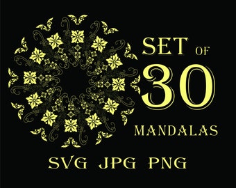 May include: Black background with a yellow floral mandala design. The text reads "SET OF 30 MANDALAS" with "SVG JPG PNG" below. The mandala is a circular pattern with floral and scroll elements.