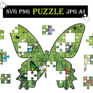 May include: A butterfly-shaped jigsaw puzzle with a green grass background and colorful butterflies. The puzzle pieces are scattered around the butterfly shape. The text "SVG PNG PUZZLE JPG AI" is at the top.