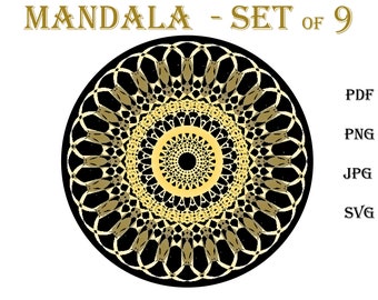 May include: A digital design featuring a gold and black mandala. The word "MANDALA" is at the top, with "SET of 9" below it. The image also includes the file types: PDF, PNG, JPG, and SVG.