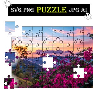 May include: A jigsaw puzzle depicting a sunset over mountains and pink flowers. The puzzle is incomplete, with some pieces separate. The word "PUZZLE" is in yellow text at the top, with file type indicators above the puzzle.
